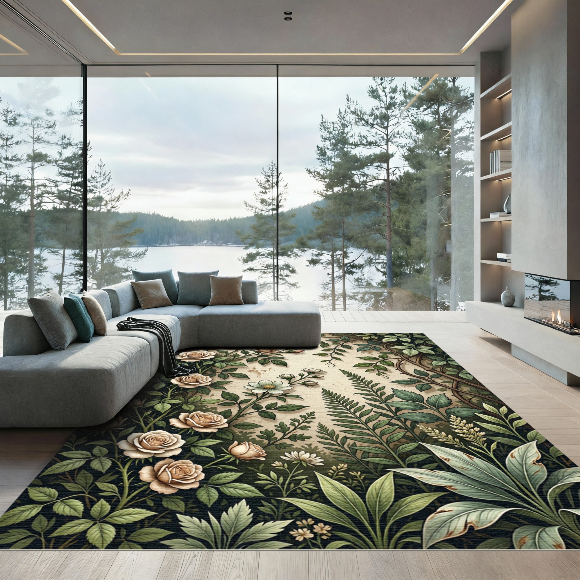 Pastel Botanical Rose and Fern Garden Rug