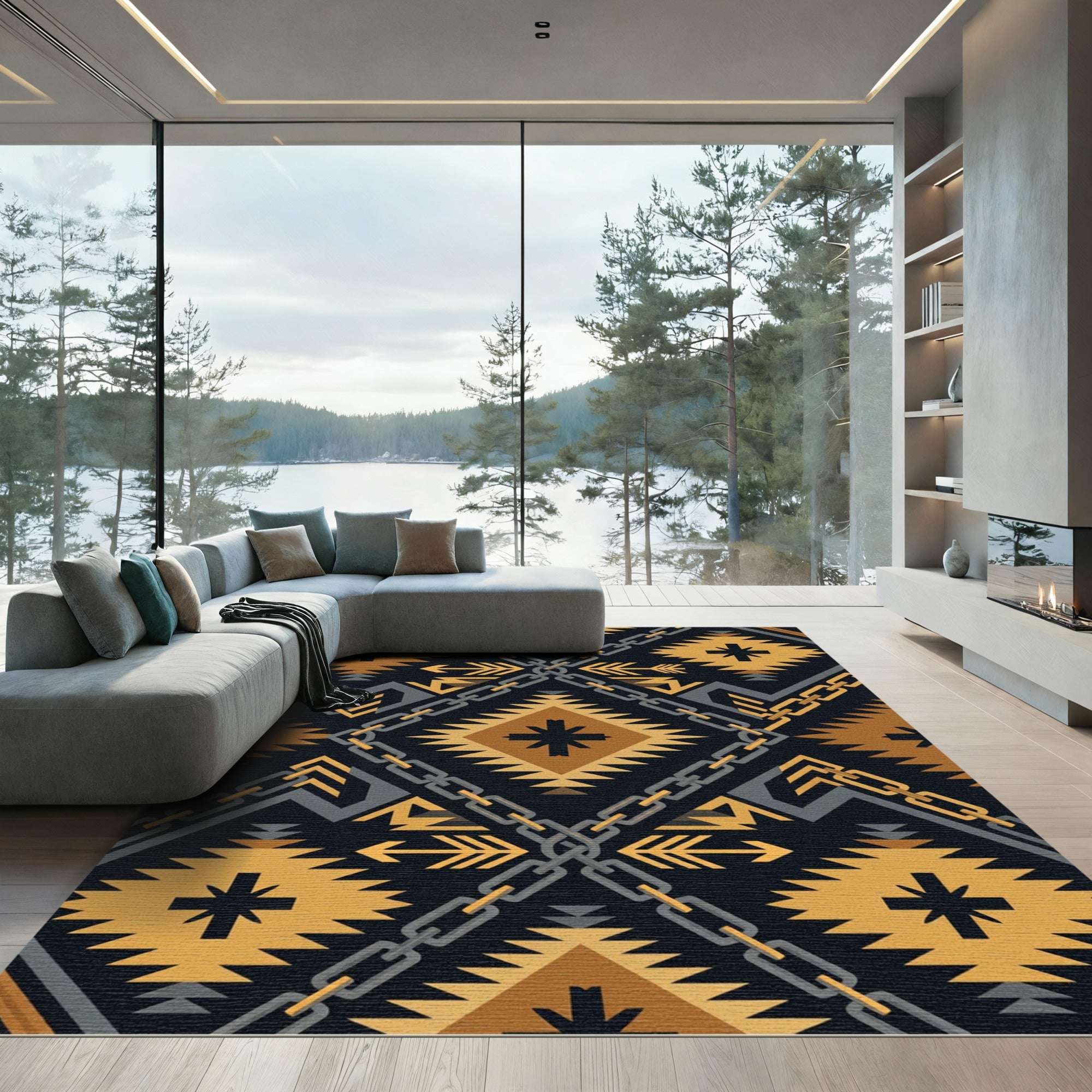 Geometric Ochre Chain Tribal Diamond Rug