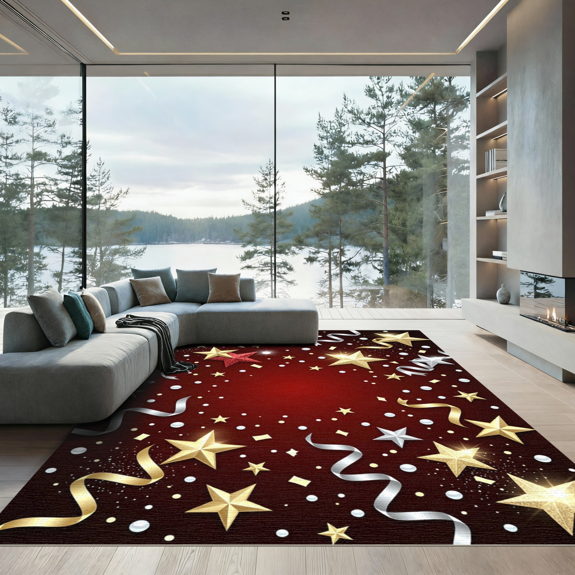 Gold Silver Red Star Party Confetti Rug