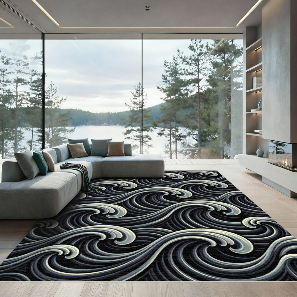 Dynamic Monochromatic Ocean Swirl Rug