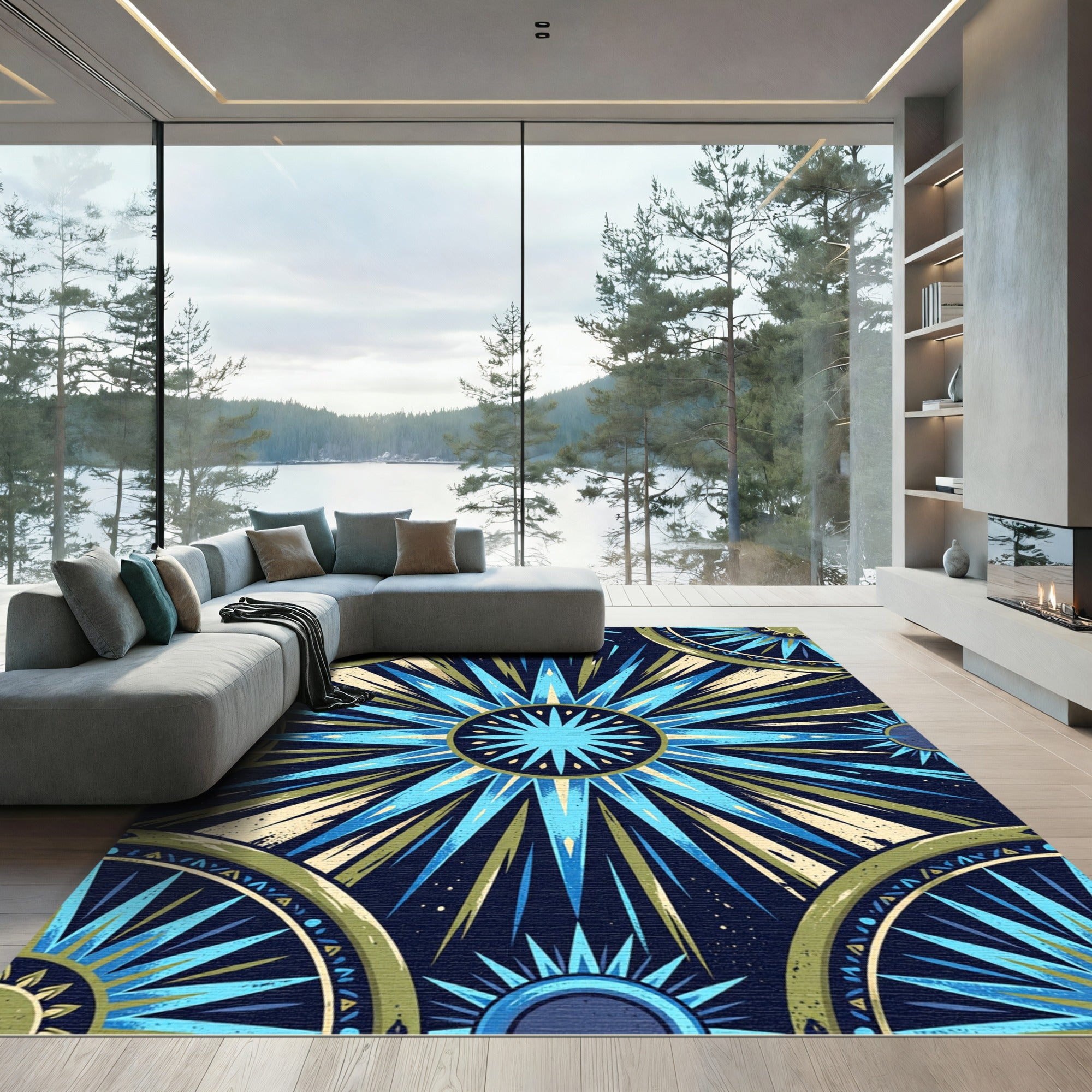 Blue Green Sunburst Celestial Rug