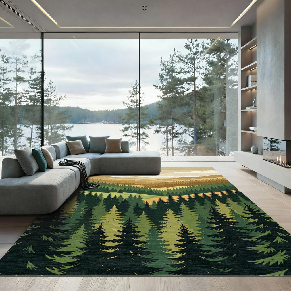 Earthy Pine Forest Mountain Valley Rug
