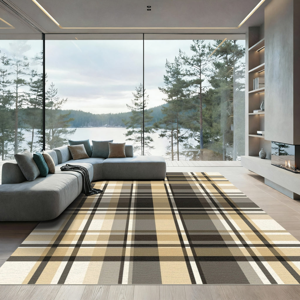 Modern Beige and Charcoal Plaid Grid Rug