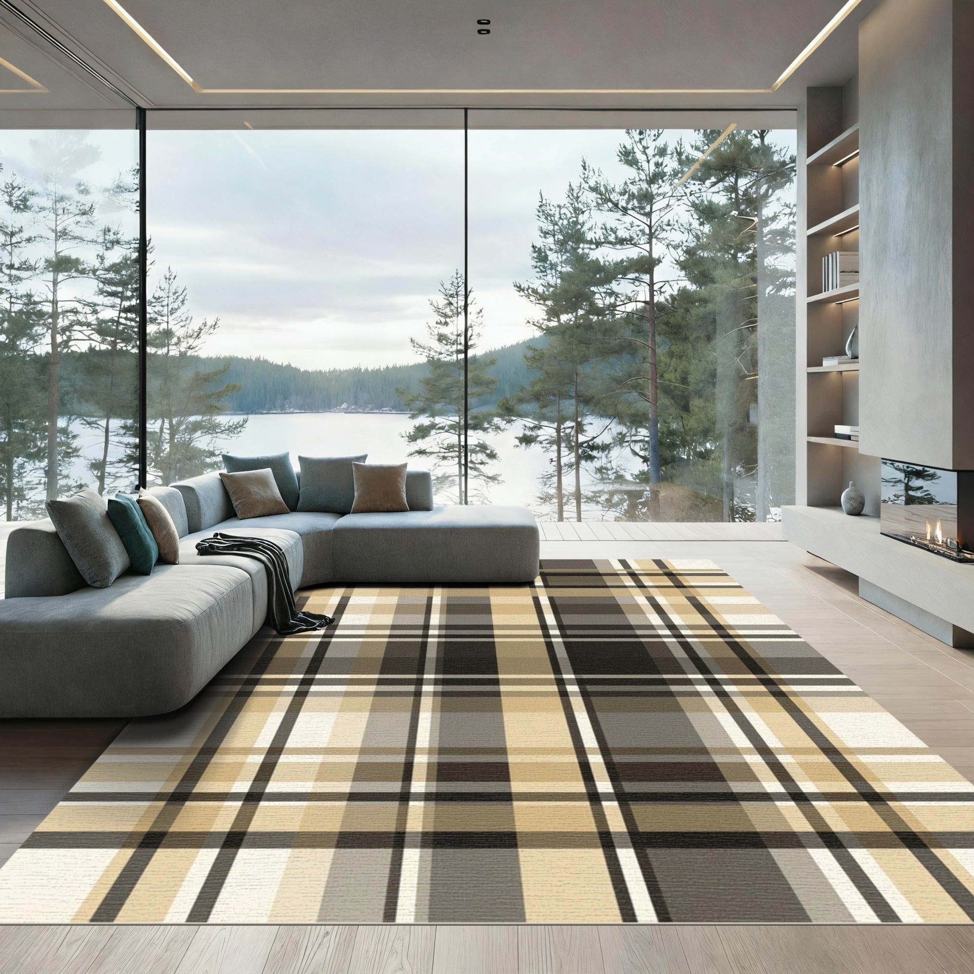 Modern Beige and Charcoal Plaid Grid Rug