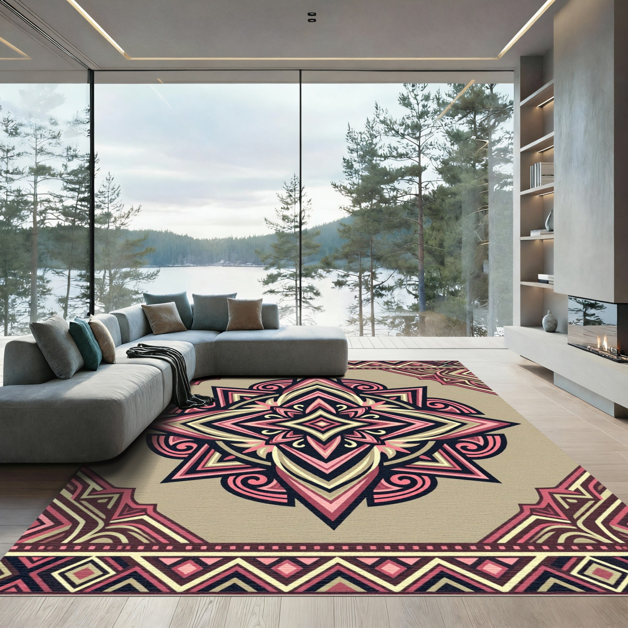 Rich Golden Pink Geometric Star Rug