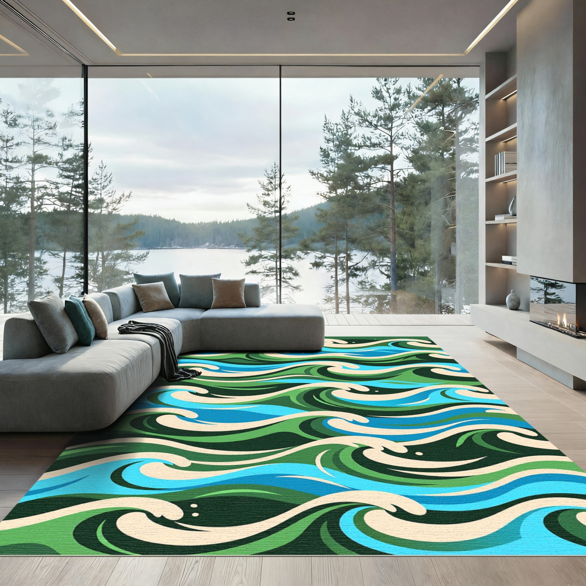 Abstract Blue Green Ocean Wave Composition Rug