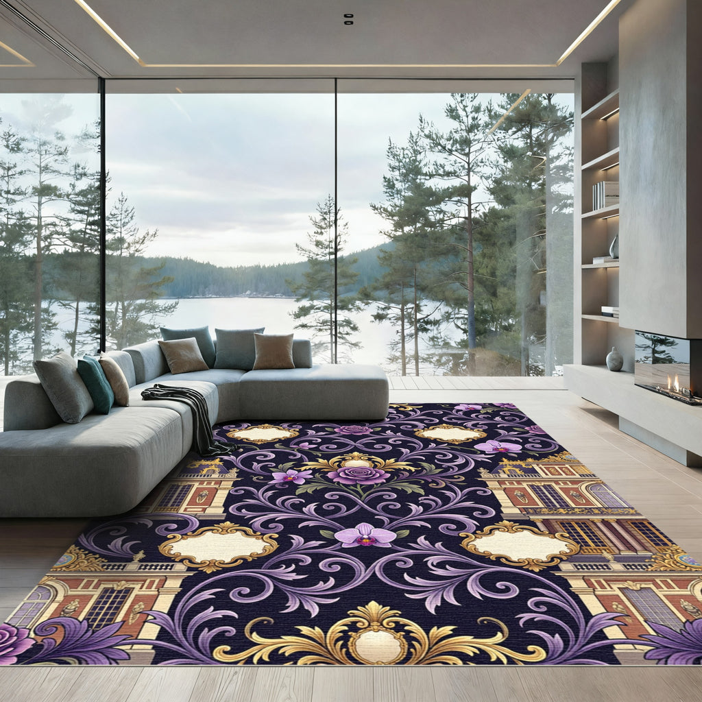 Ornate Gold Lavender Chateau Floral Scroll Rug