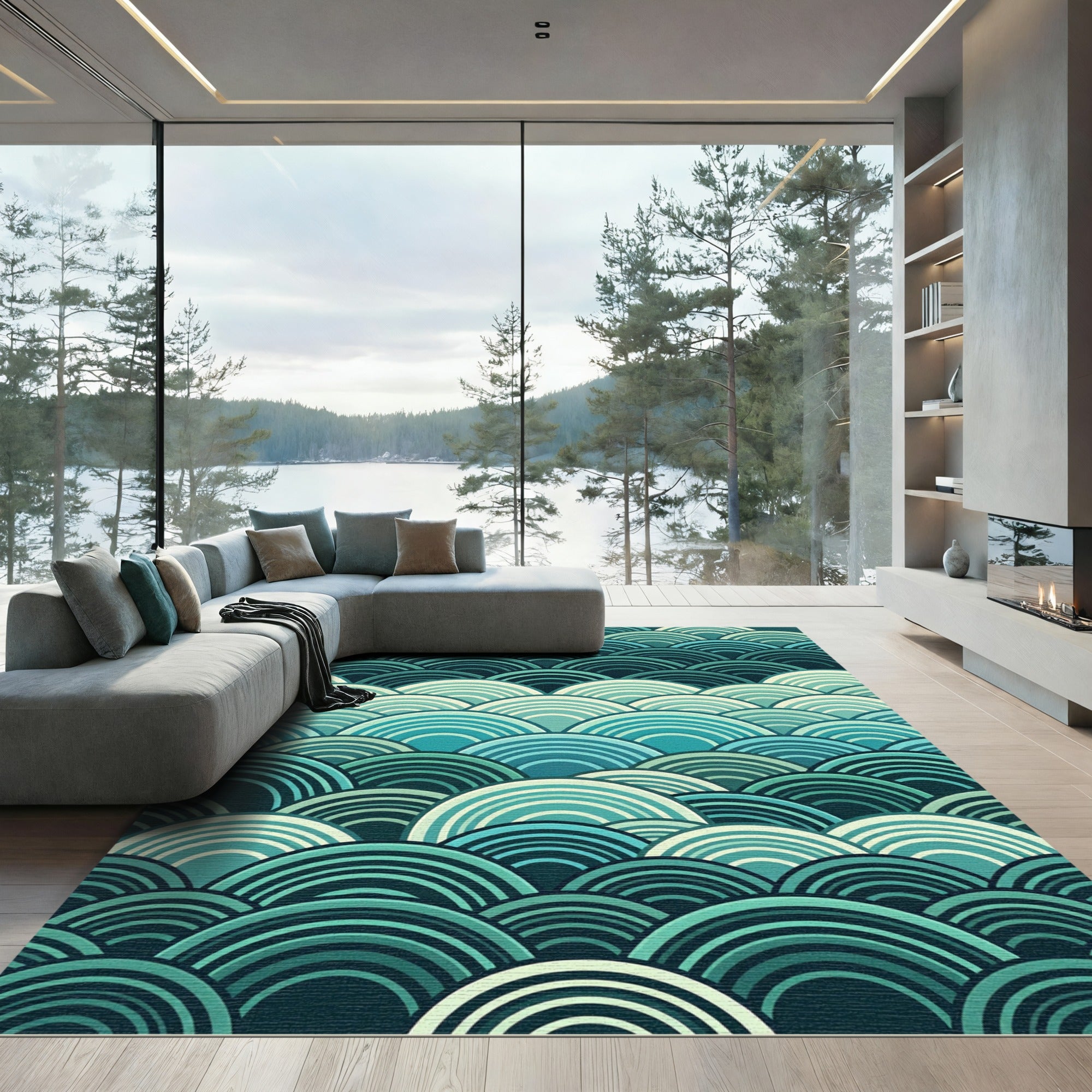 Oceanic Teal Scale Waves Rug