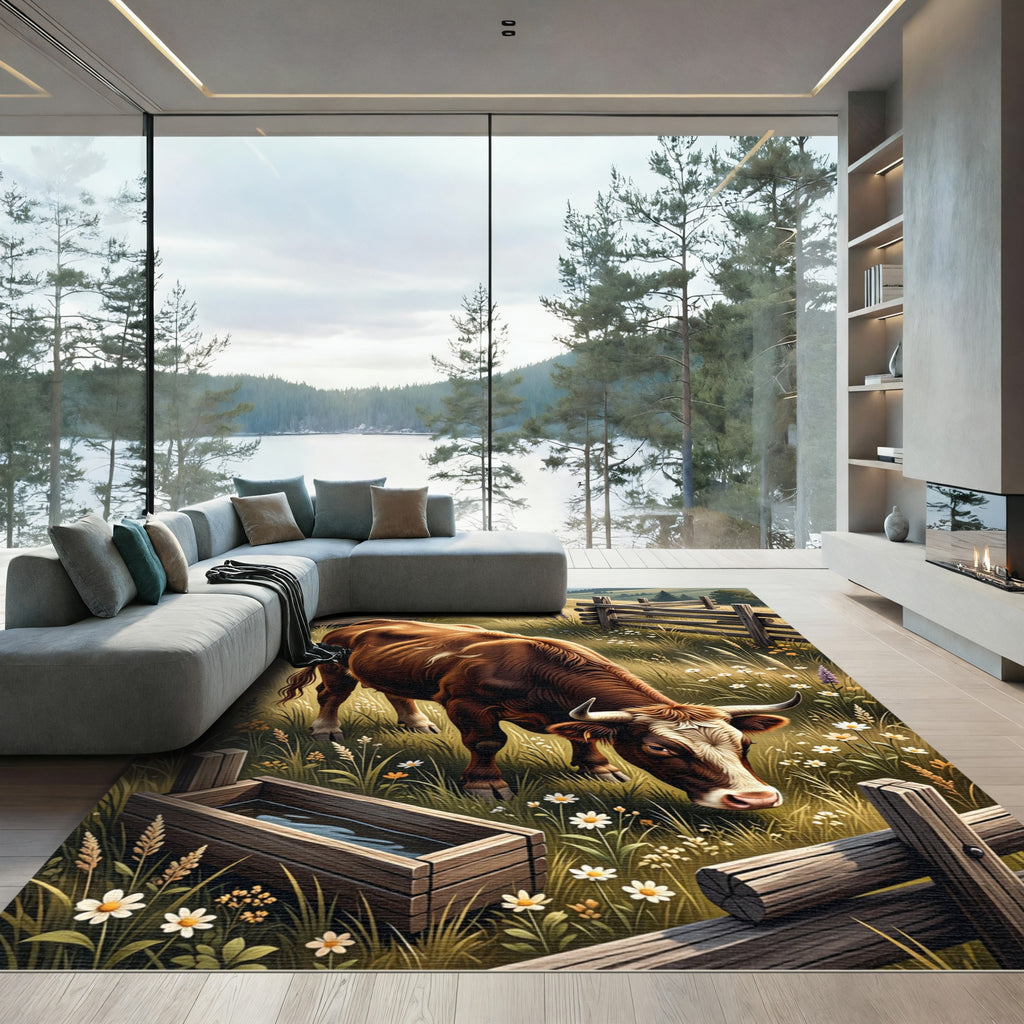 Rustic Highland Cattle Meadow Landscape Rug