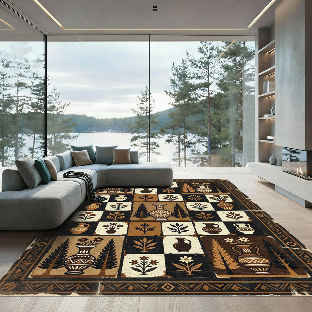 Earthy Terra Cotta Botanical Village Rug