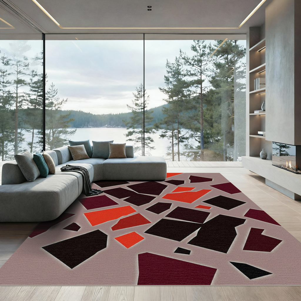 Modern Scarlet and Charcoal Block Abstract Rug