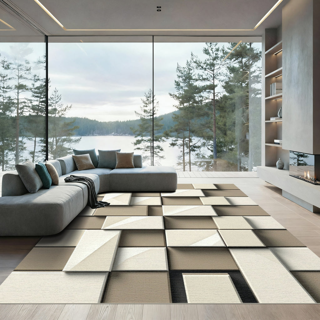 Modern Geometric Beige Cream Block Rug