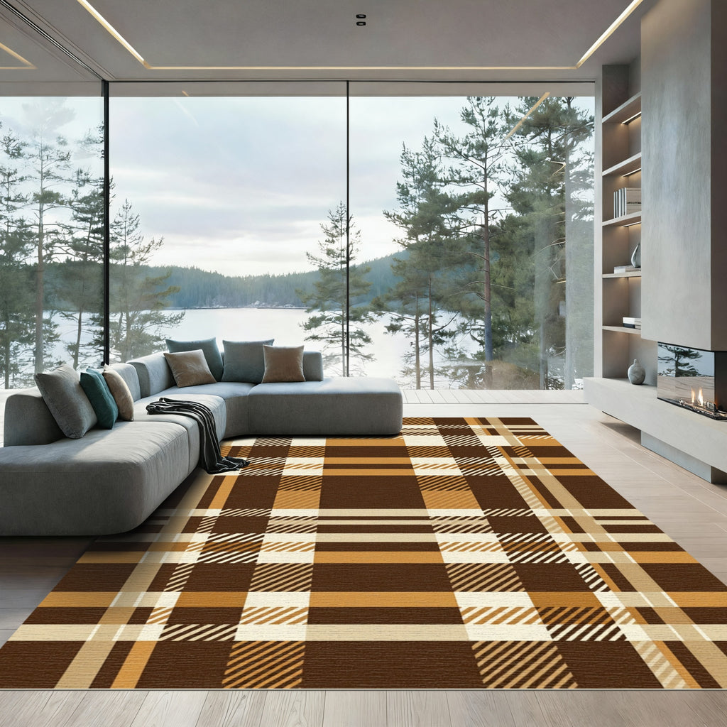 Warm Brown Tan Plaid Squares Rug