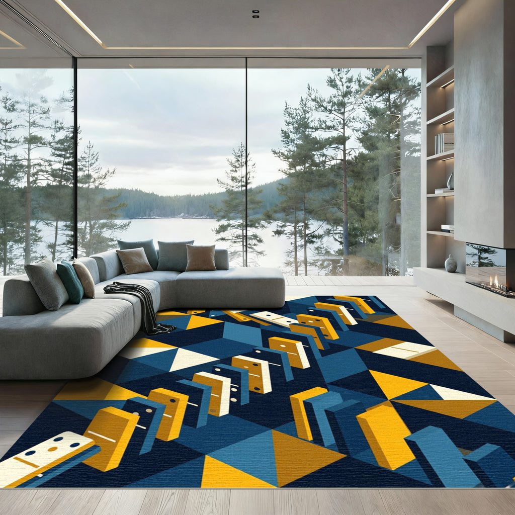 Abstract Navy and Gold Domino Grid Rug