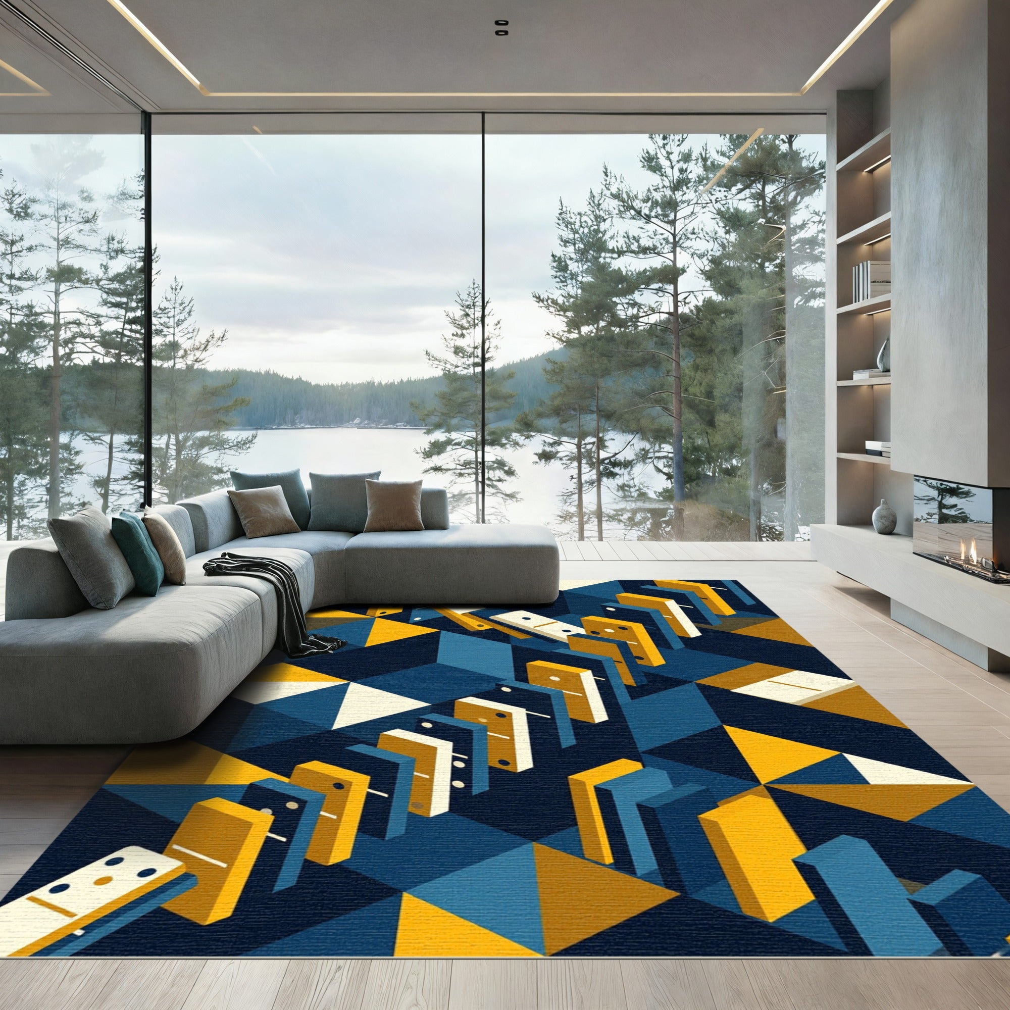 Abstract Navy and Gold Domino Grid Rug