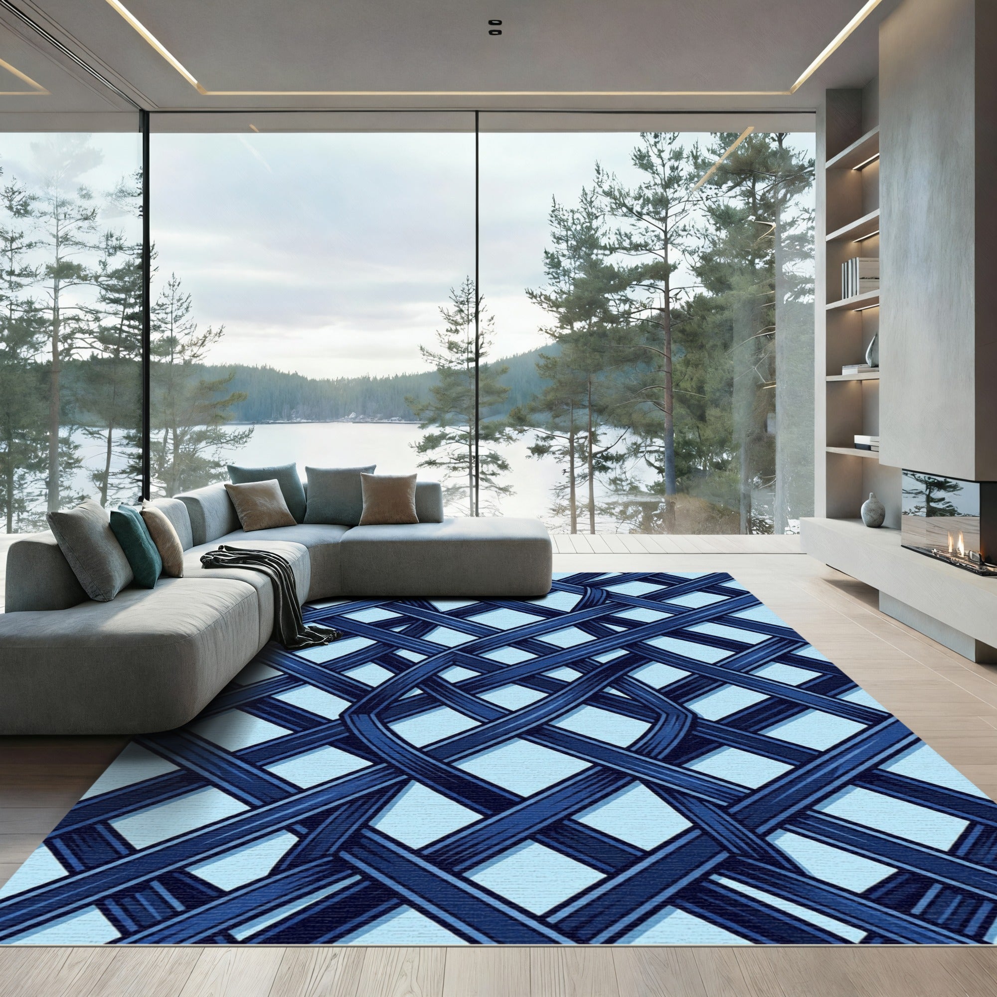 Modern Navy Blue Interwoven Lattice Rug