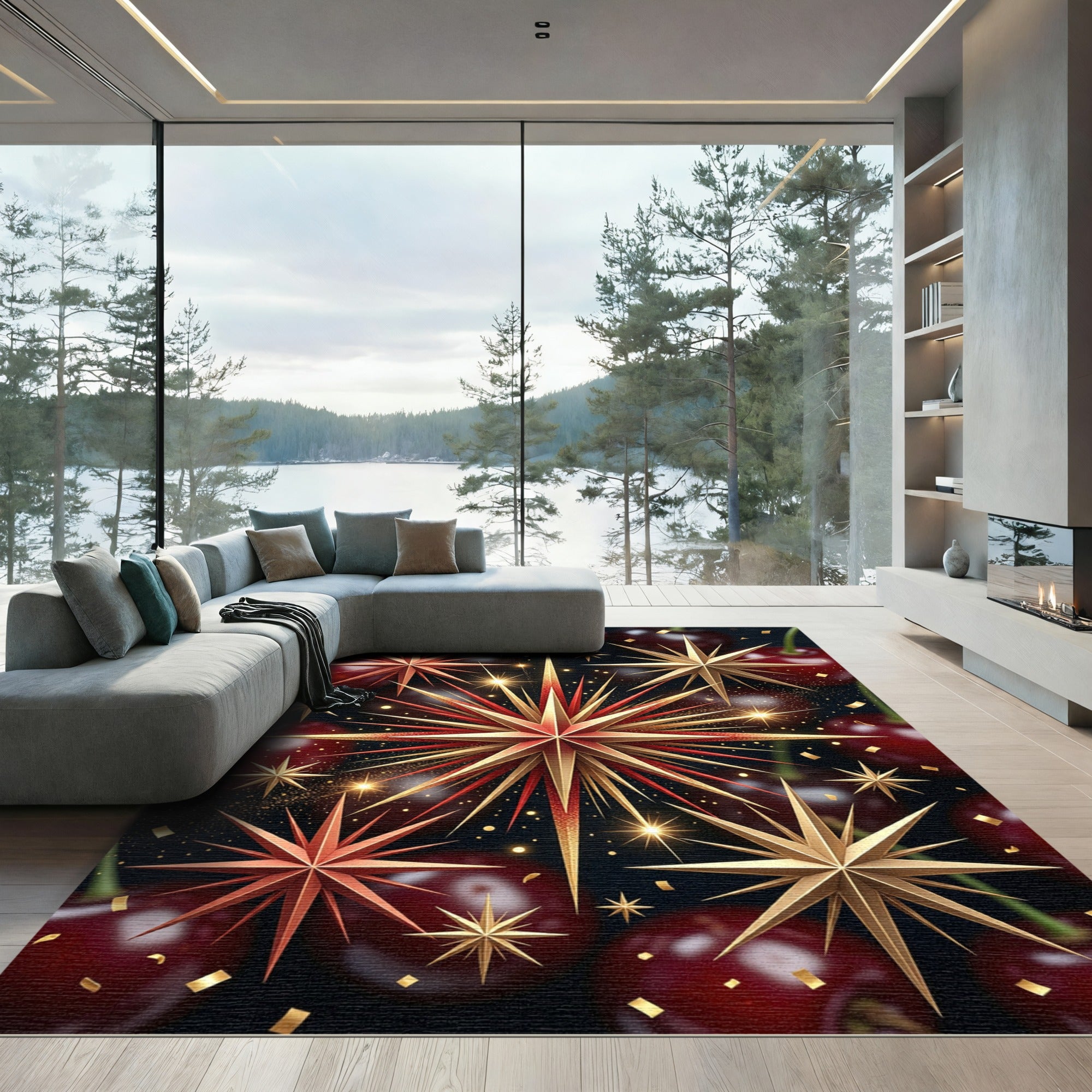 Festive Red Gold Star Cherries Rug
