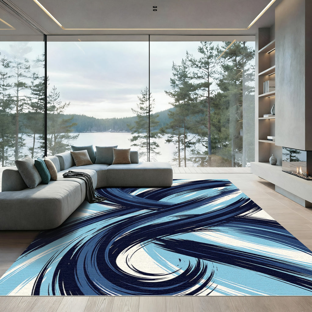 Deep Blue Flowing Brushstrokes Rug