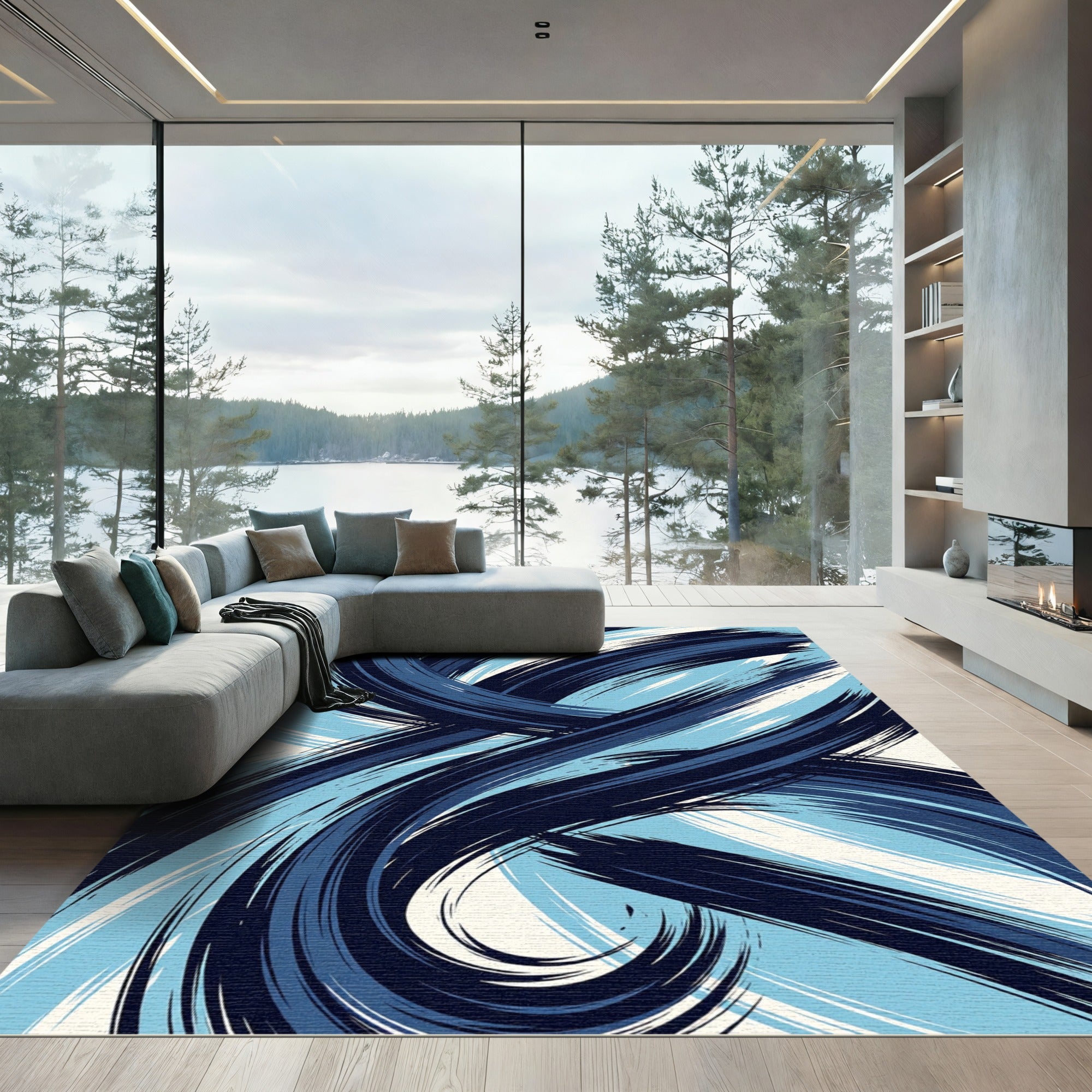Deep Blue Flowing Brushstrokes Rug