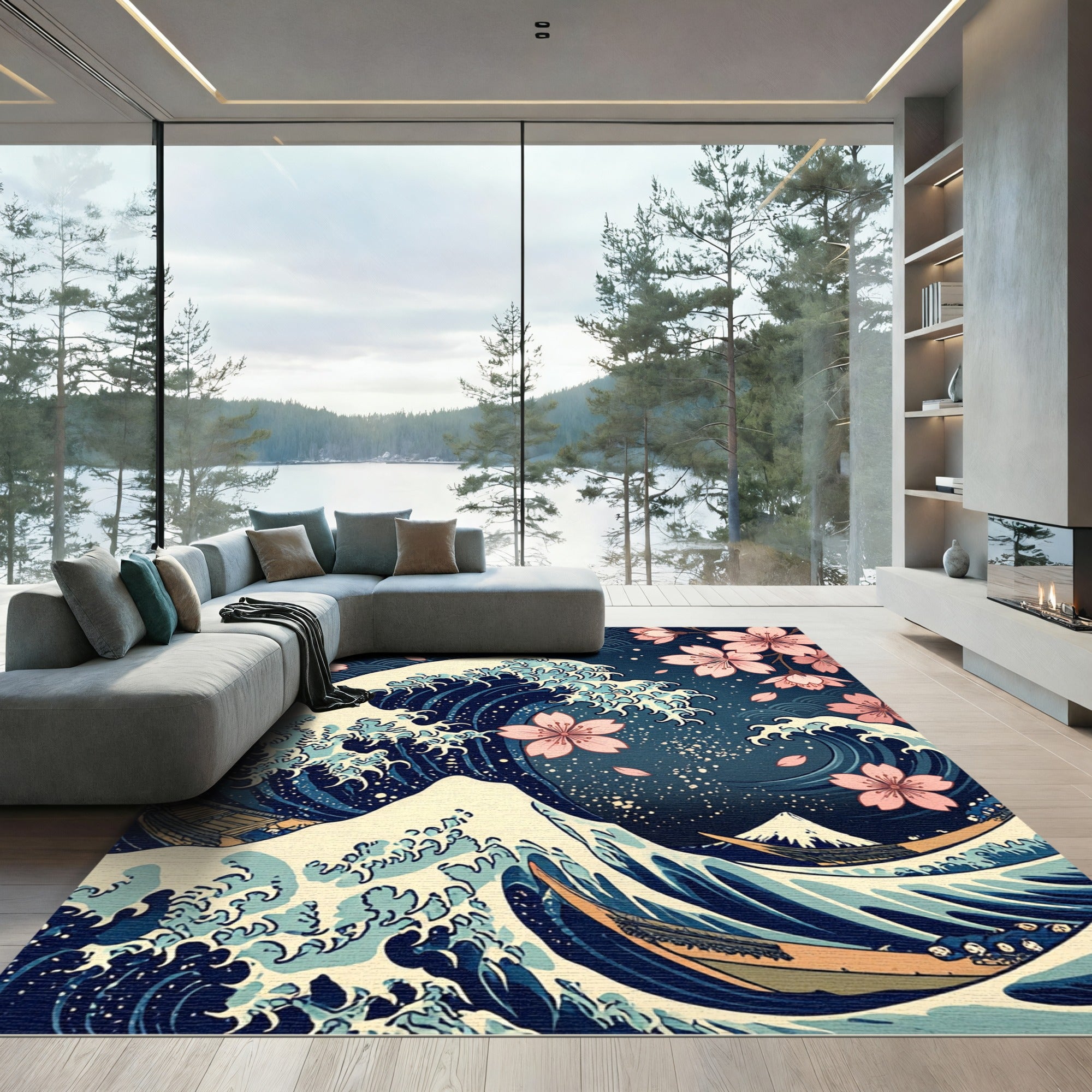 Japanese Wave with Pink Cherry Blossoms Rug