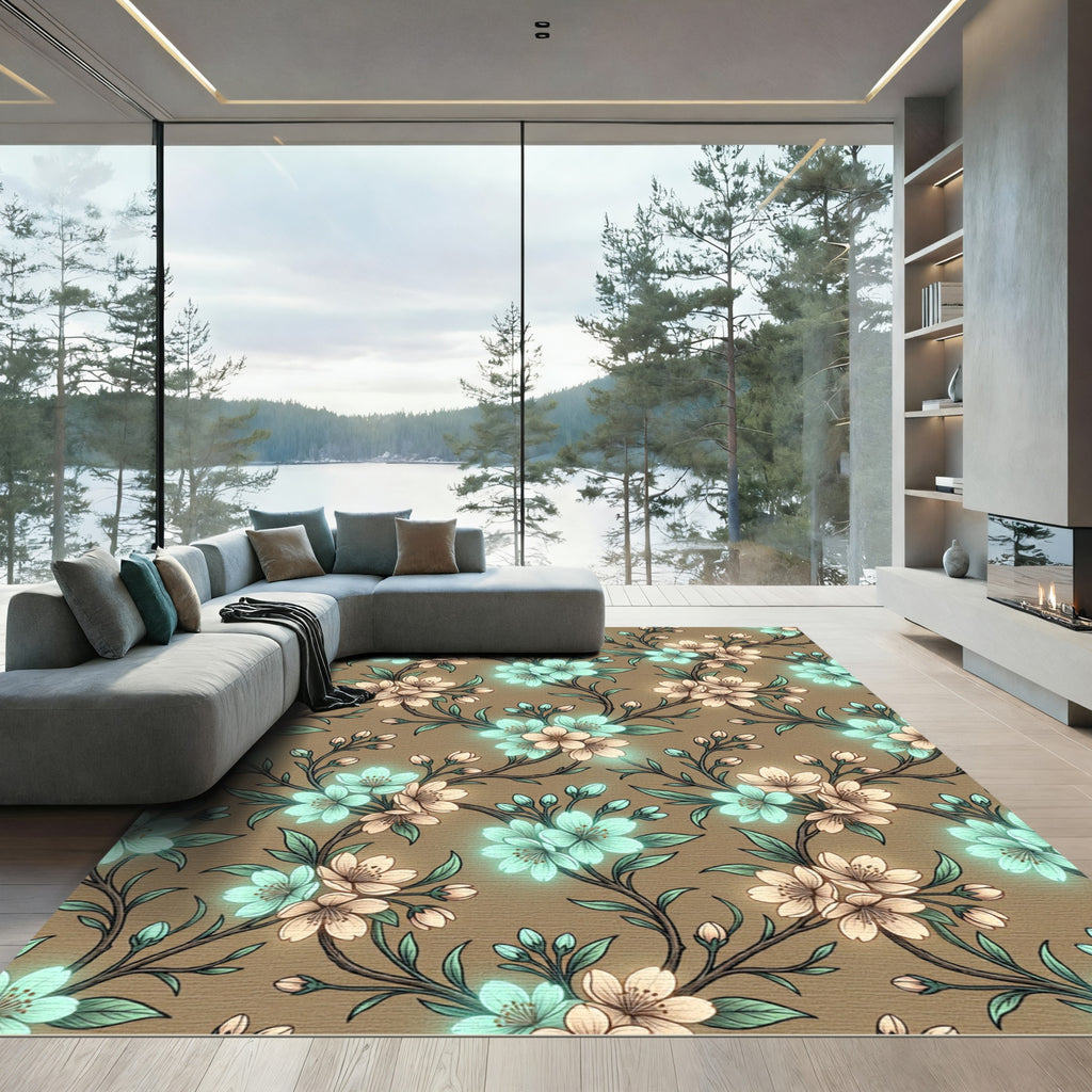 Luminous Teal and Beige Cherry Blossom Rug