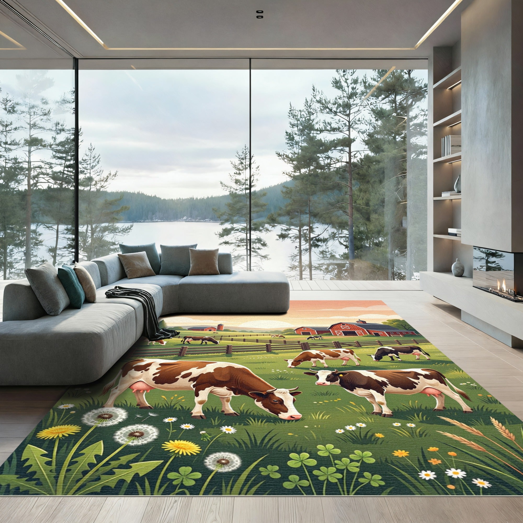 Pastoral Countryside Cows Meadow Landscape Rug