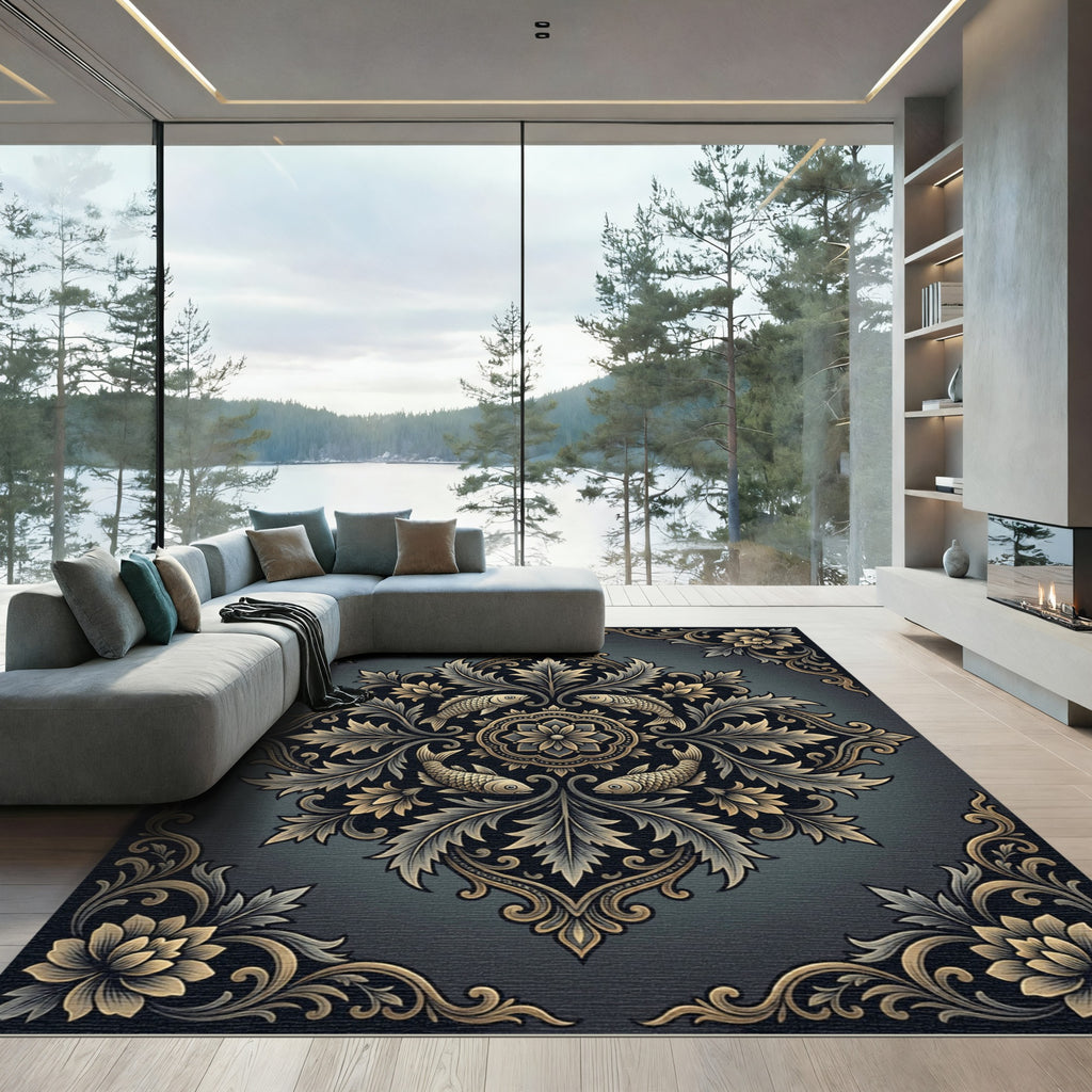 Antique Gold Fish Floral Medallion Rug