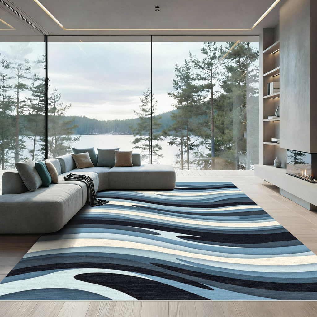 Modern Blue Layered Abstract Wave Rug