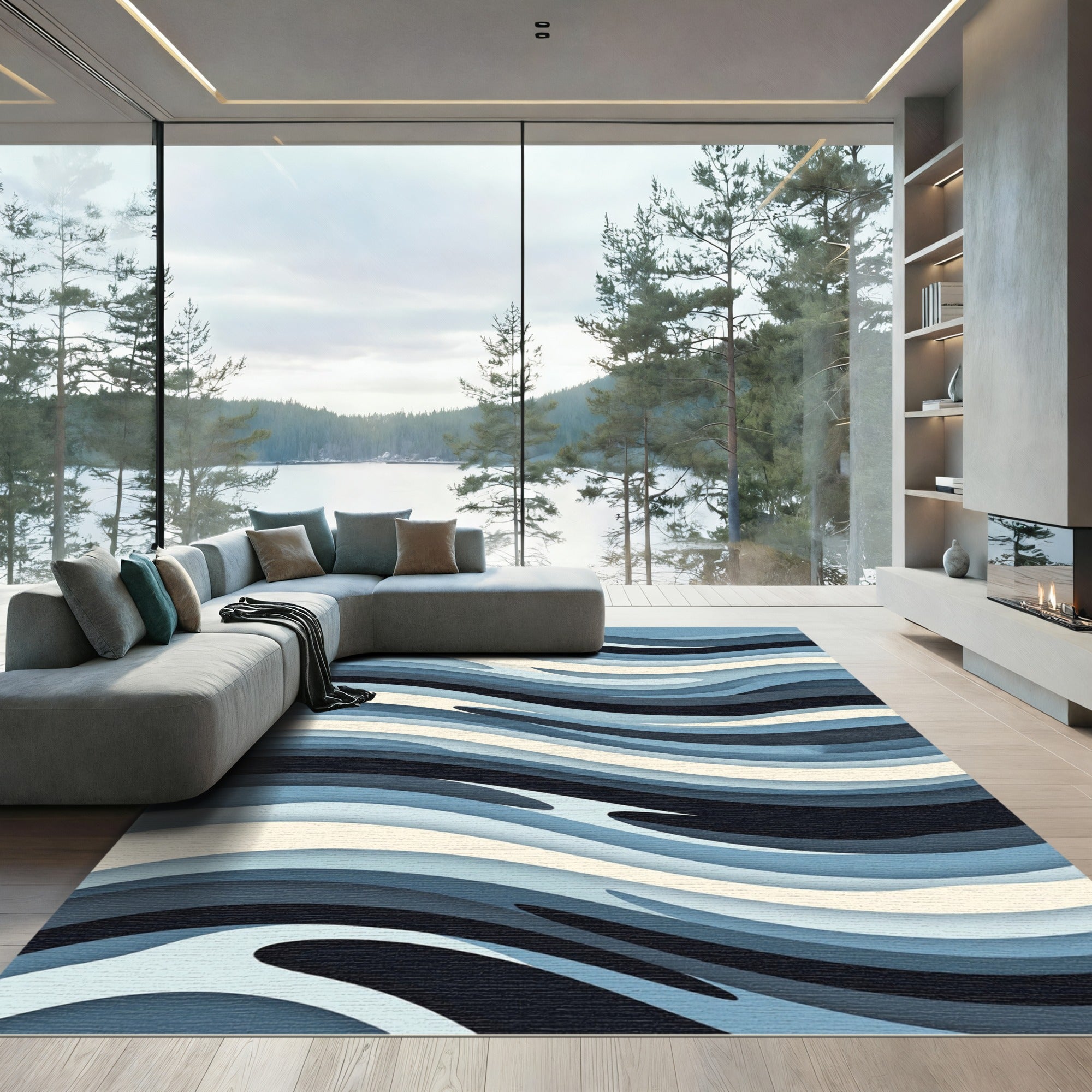 Modern Blue Layered Abstract Wave Rug