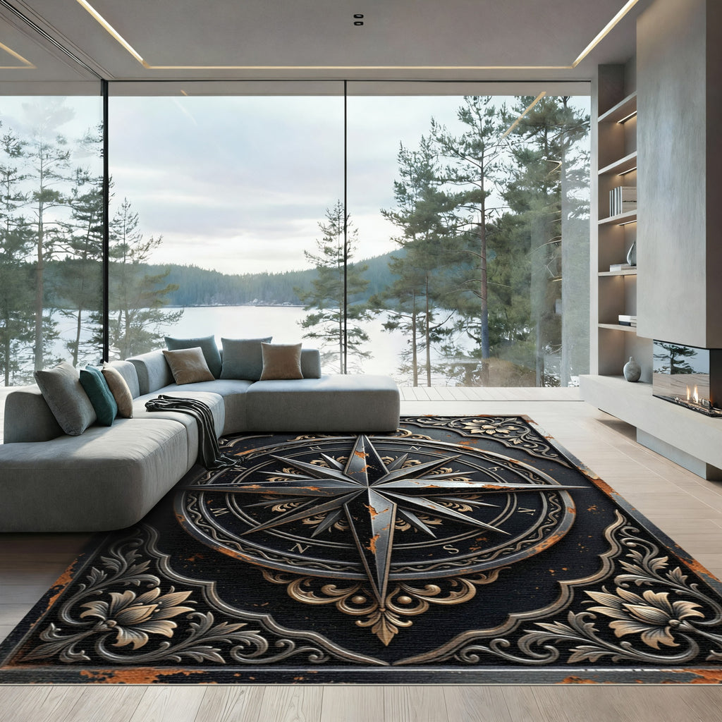 Ornate Compass Rose Black Gold Rug