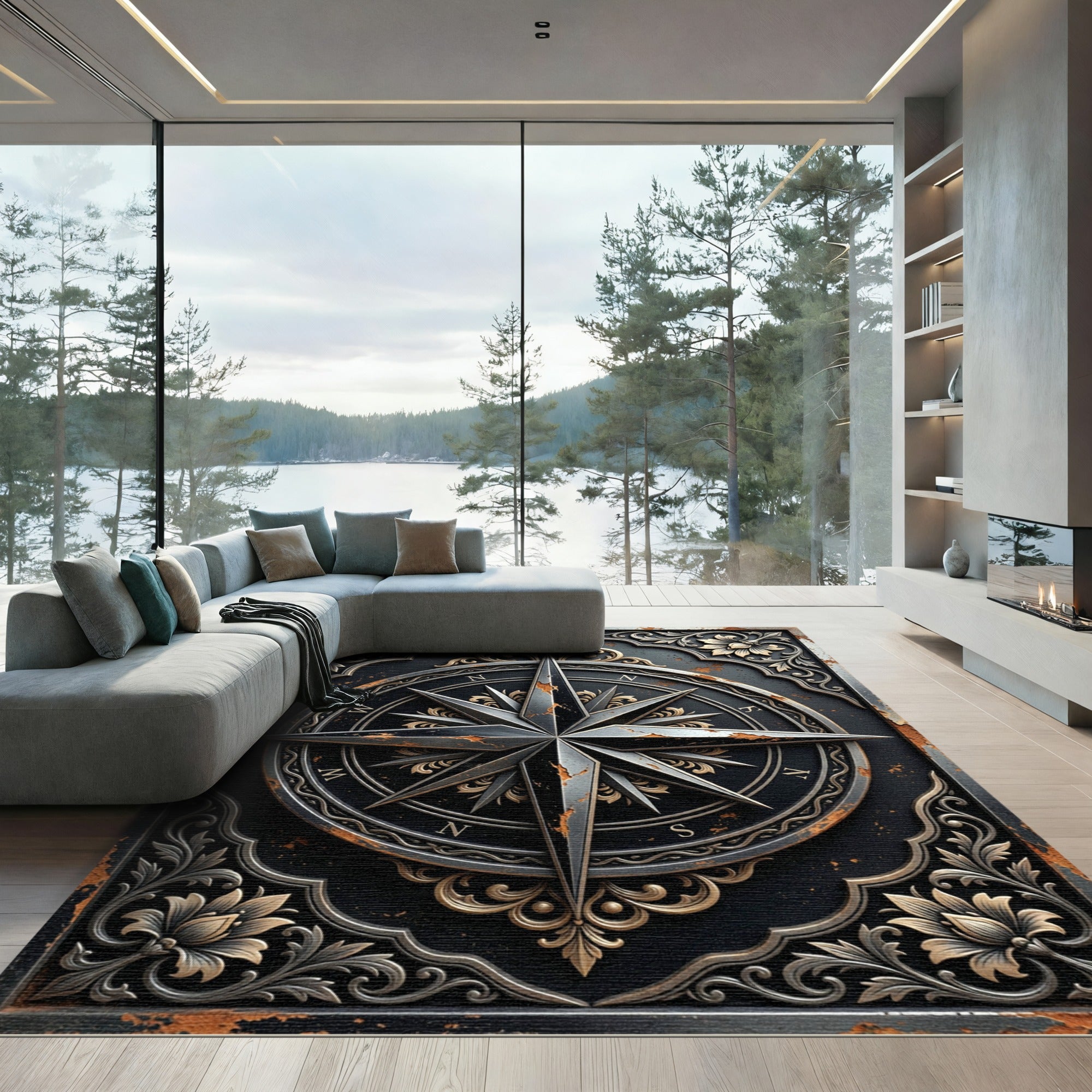 Ornate Compass Rose Black Gold Rug