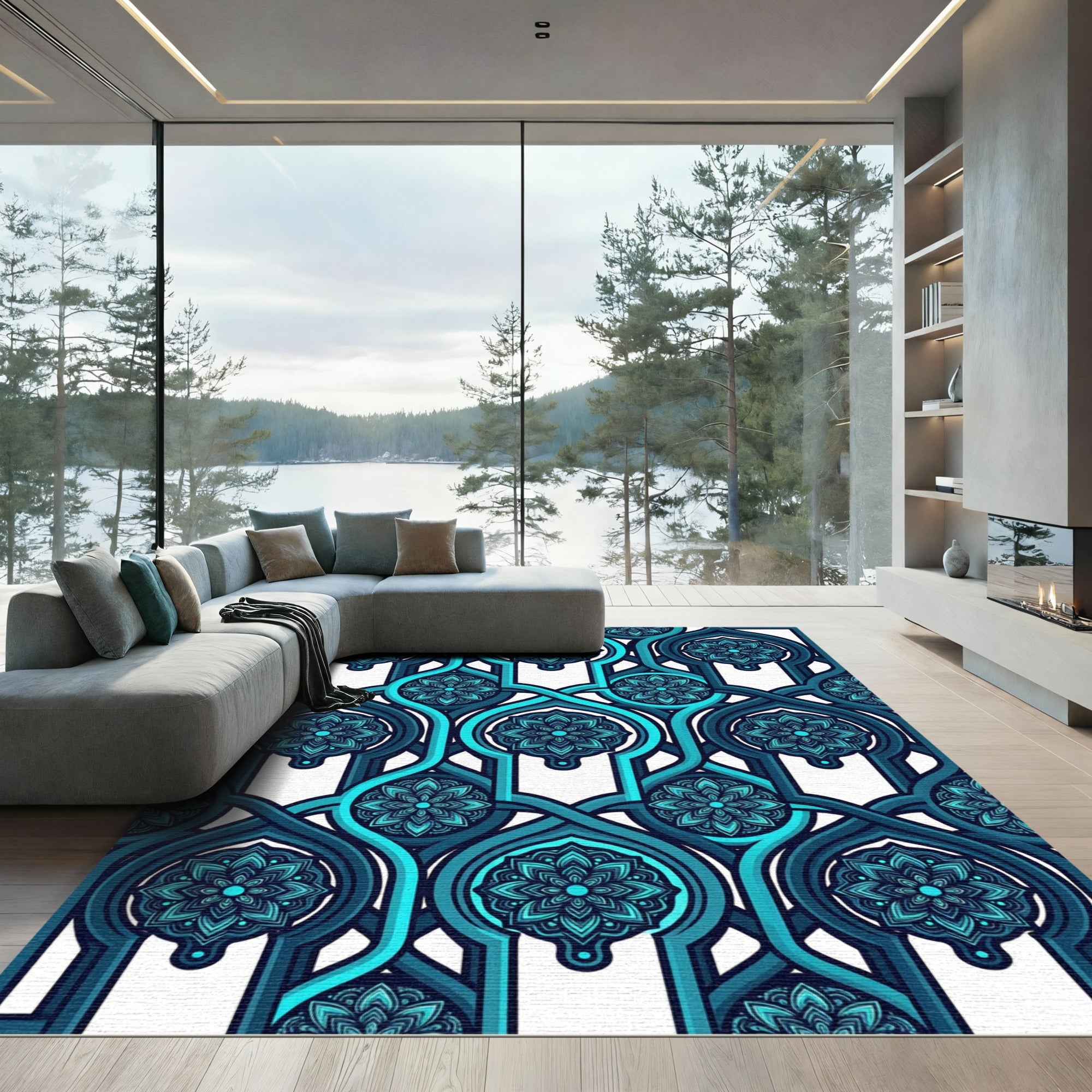 Teal Blue Interlocking Floral Archwork Rug