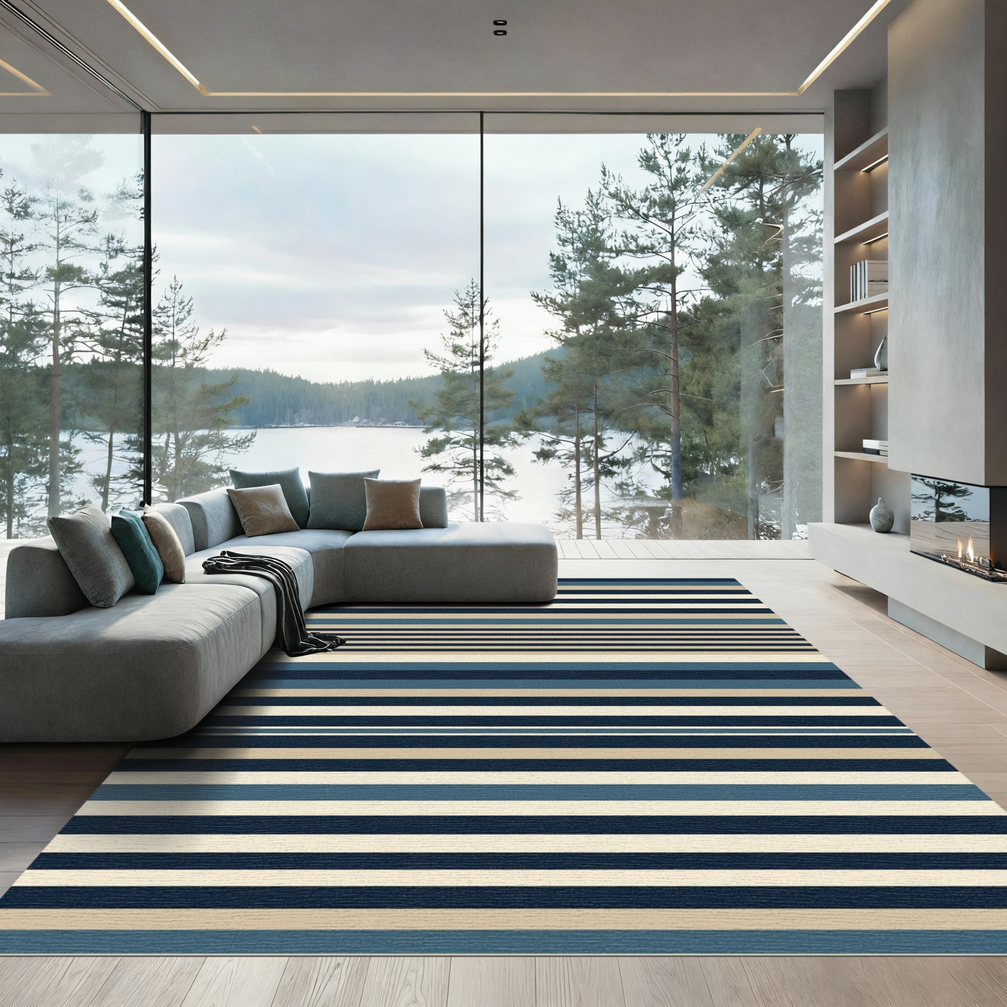 Coastal Blue Beige Wide Stripe Rug