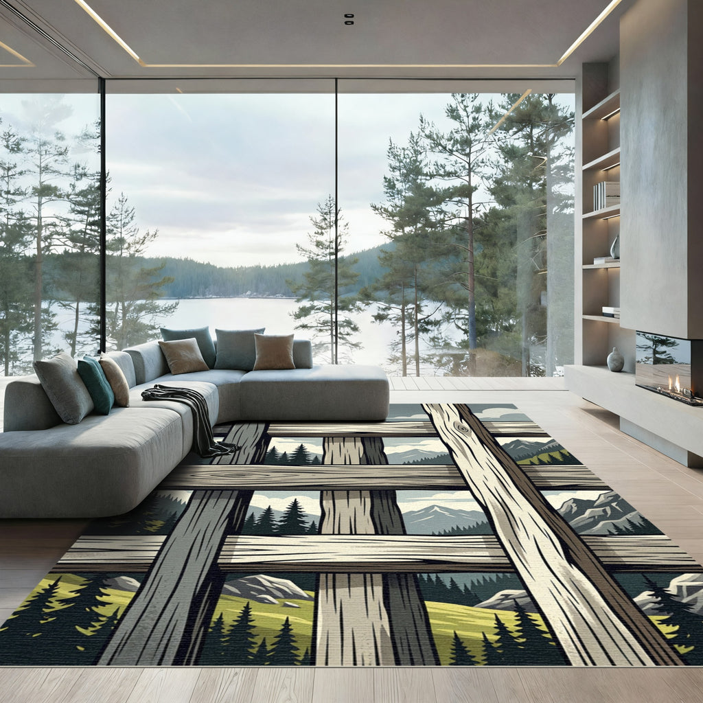 Rustic Woodland Scene Through Wood Fence Rug