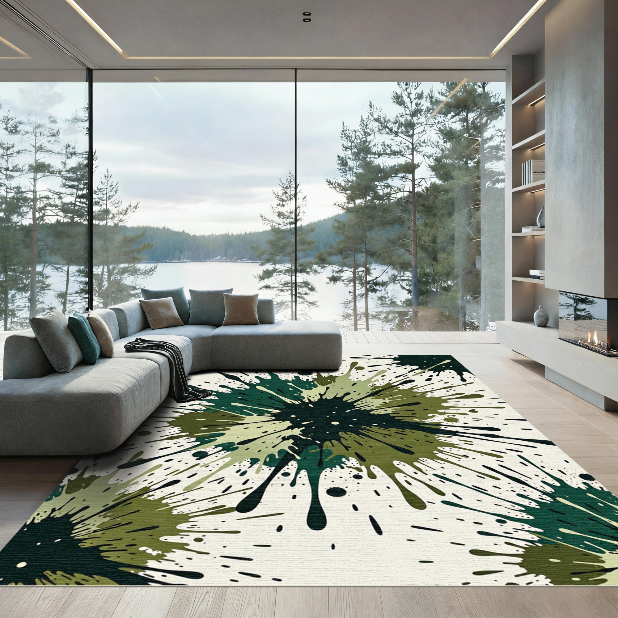 Olive Green Ink Splash Abstract Rug