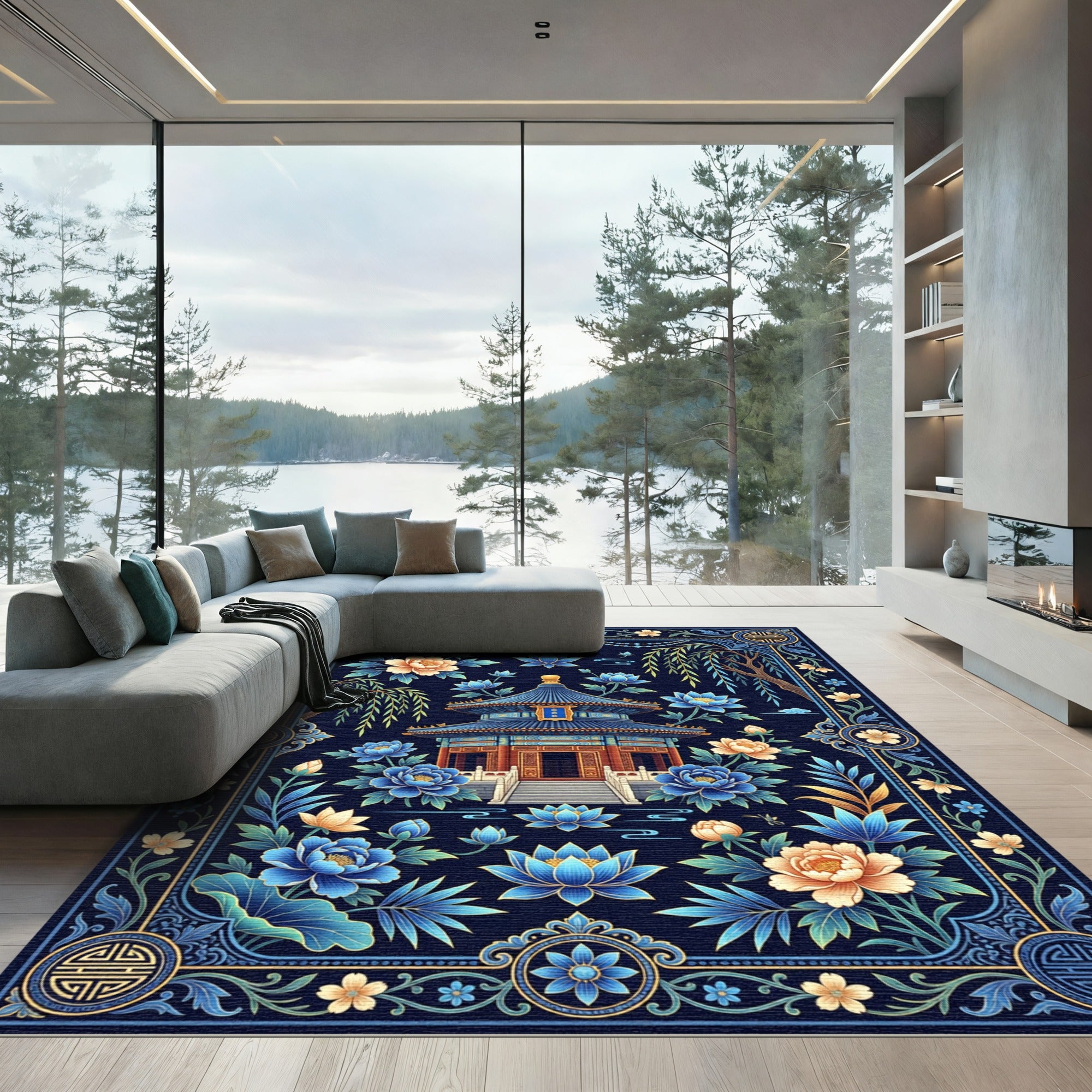 Imperial Blue Pagoda Floral Arrangement Rug