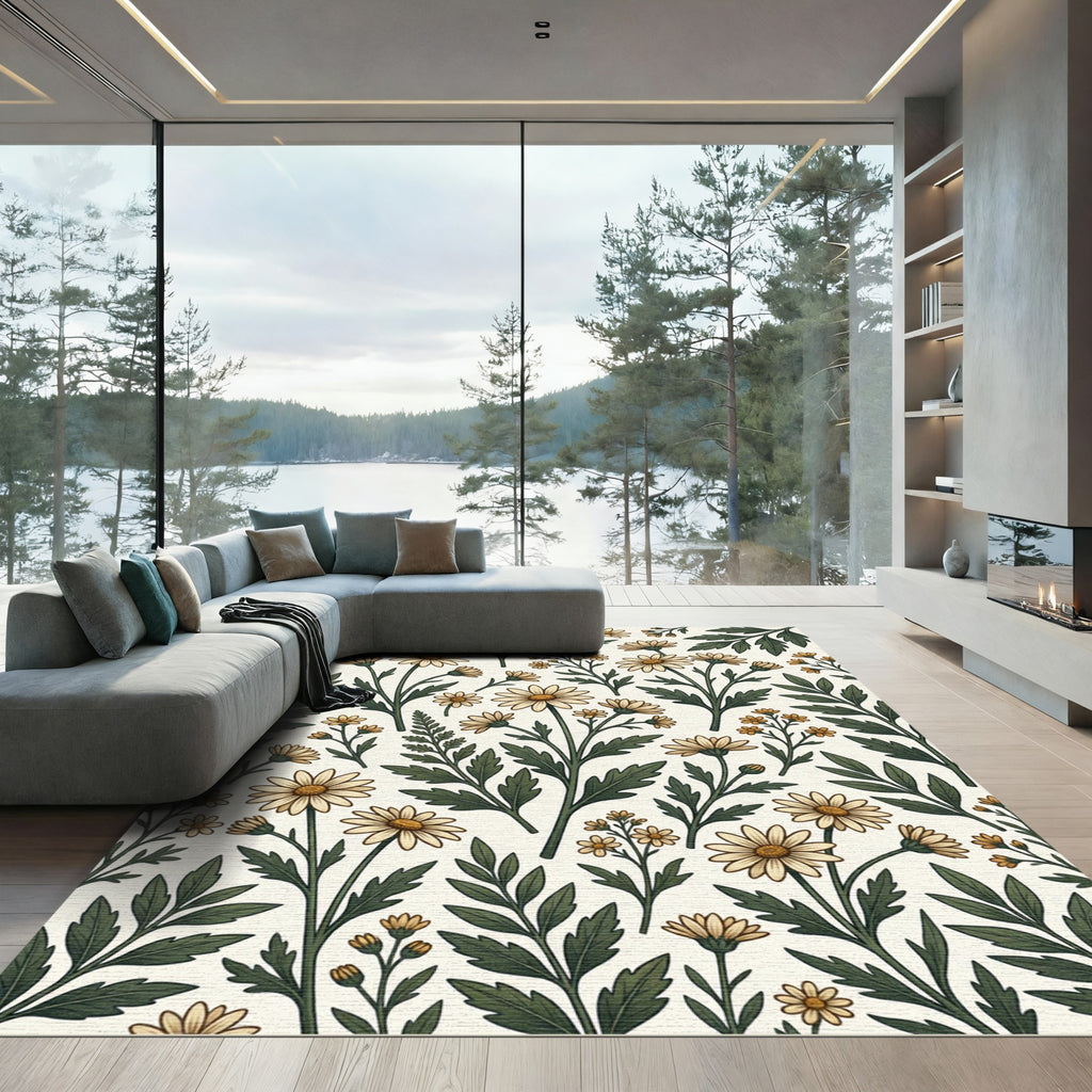 Cream Floral Daisy Botanical Meadow Rug
