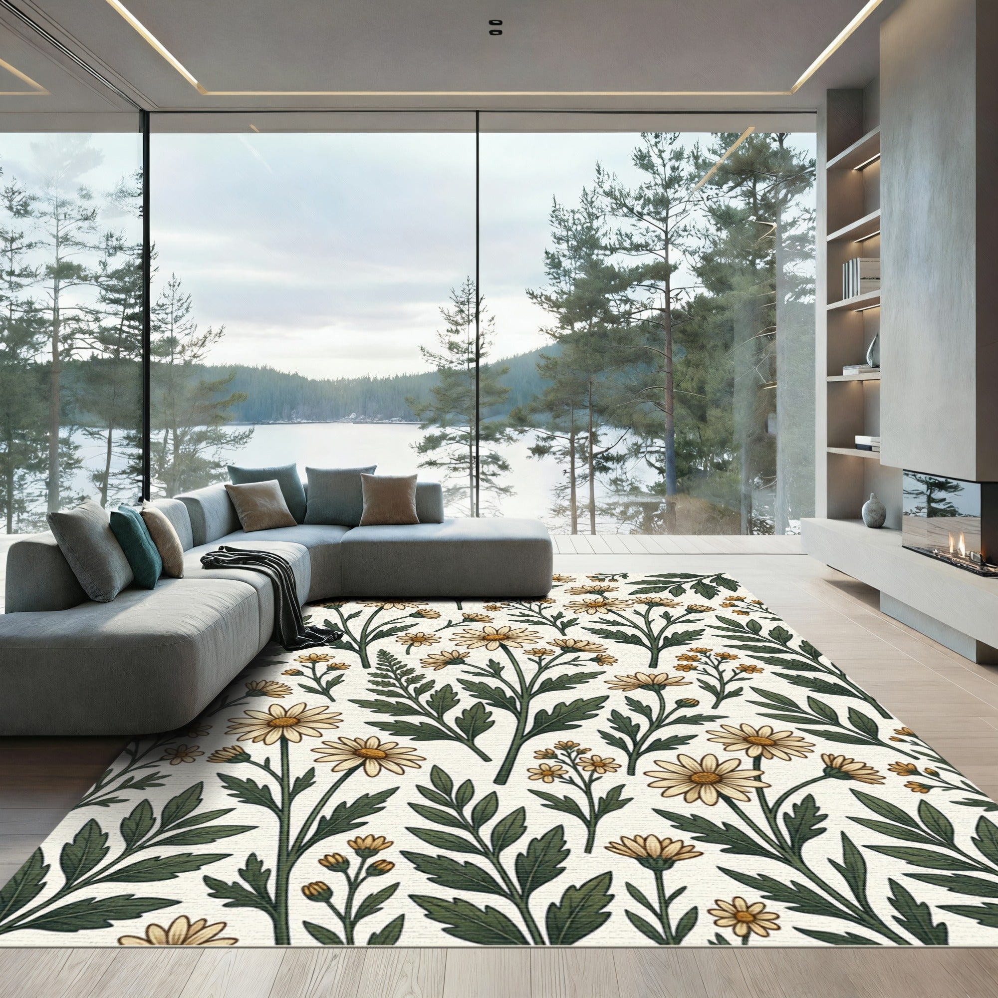 Cream Floral Daisy Botanical Meadow Rug