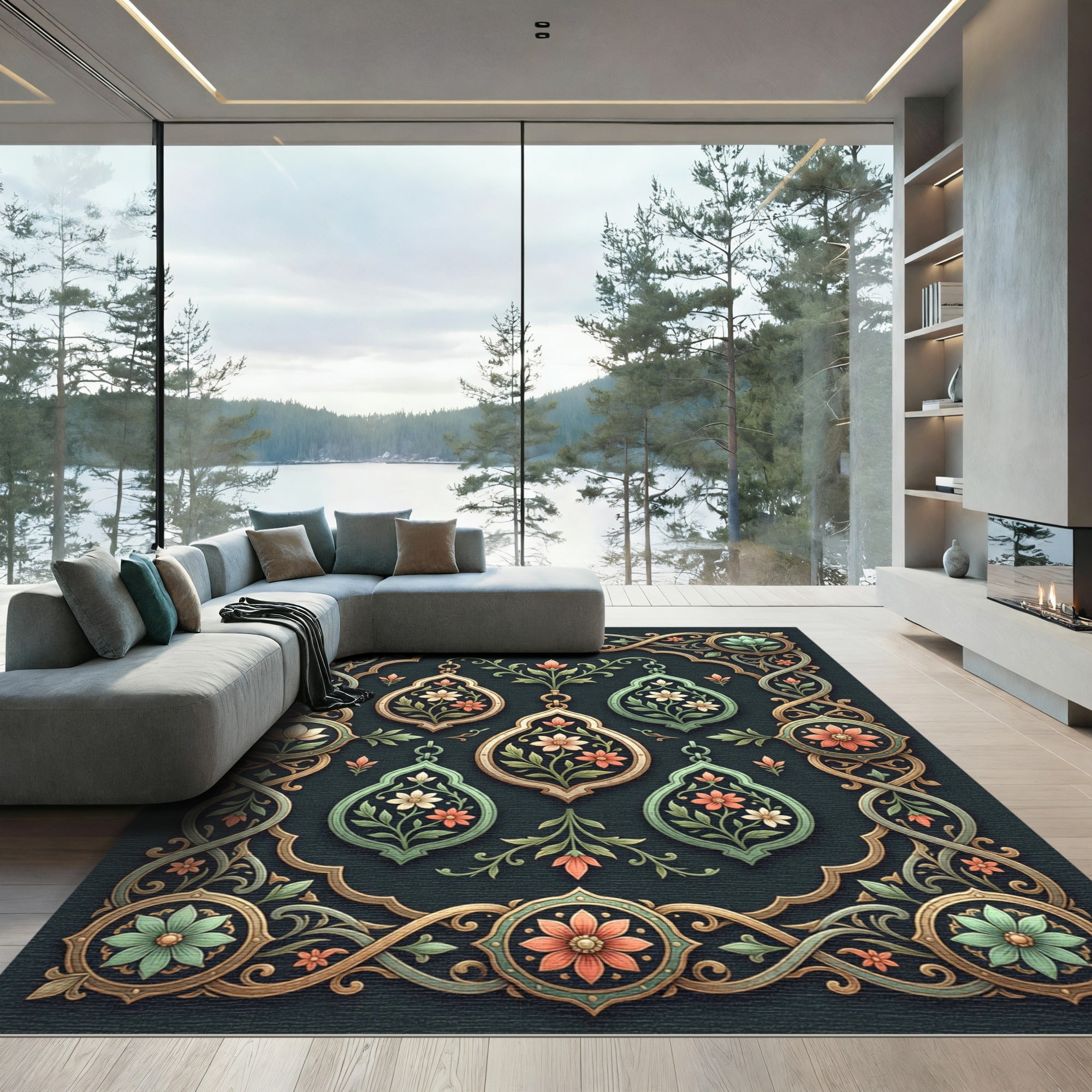 Ornate Sage and Coral Floral Frame Rug