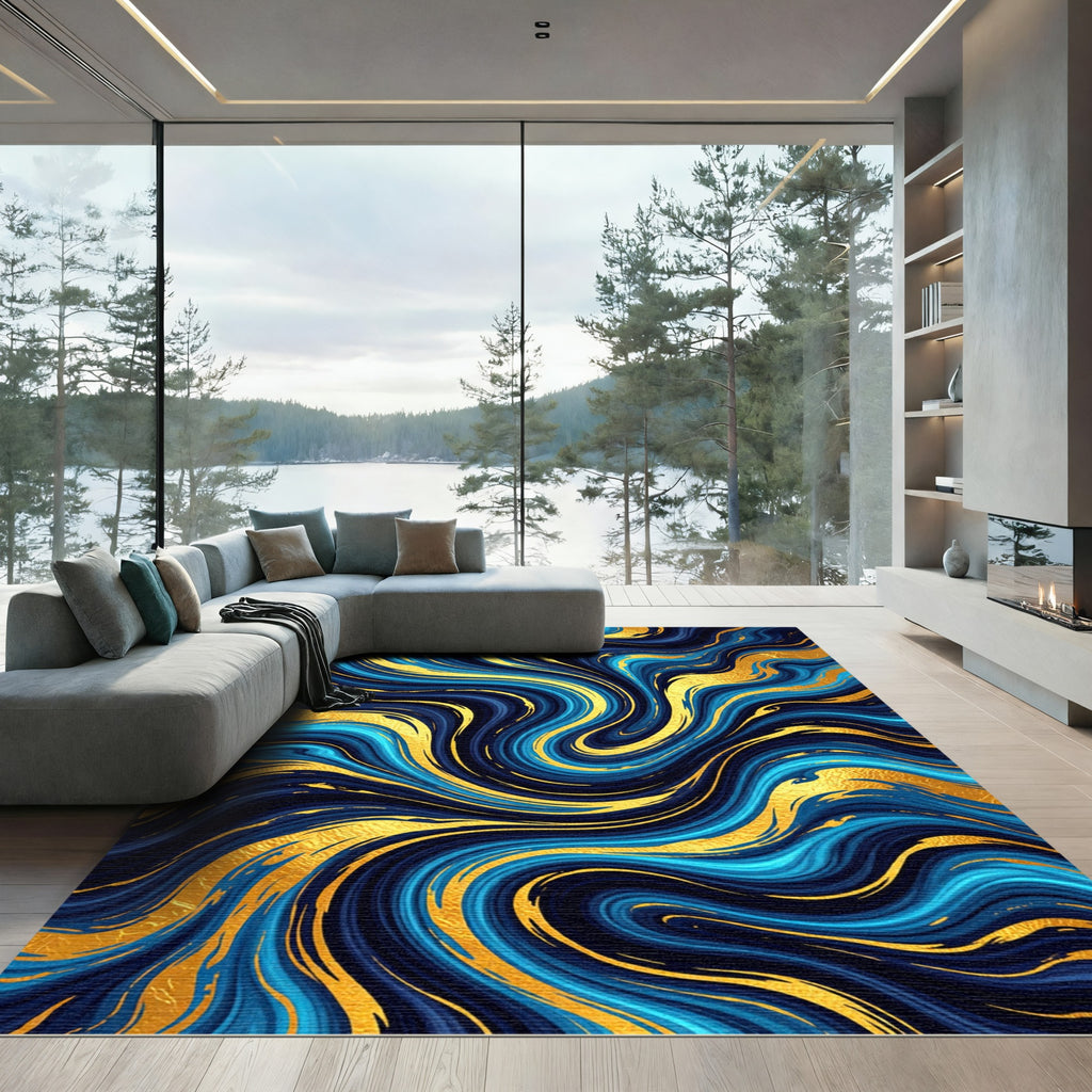 Luxurious Gold And Navy Marble Swirl Rug