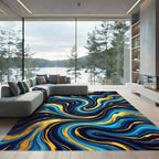Luxurious Gold And Navy Marble Swirl Rug