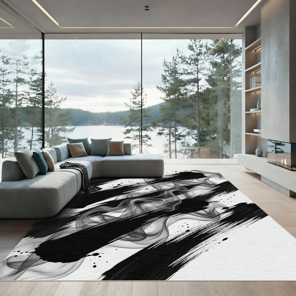 Black Ink Swirl Smoke Abstract Rug