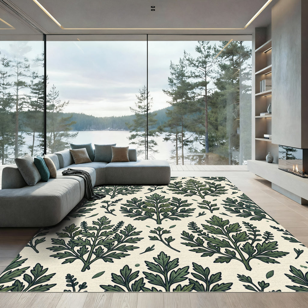 Sage Green Botanical Fern Leaf Repeat Rug