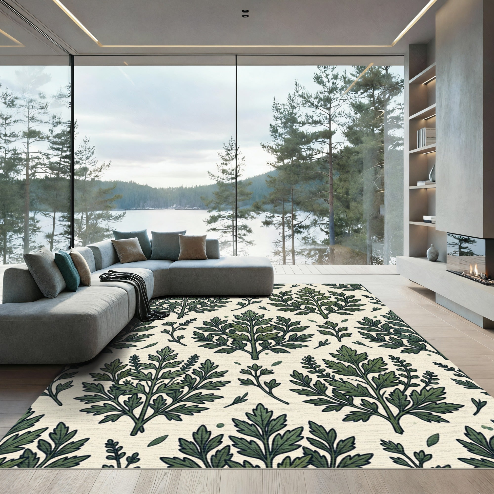 Sage Green Botanical Fern Leaf Repeat Rug