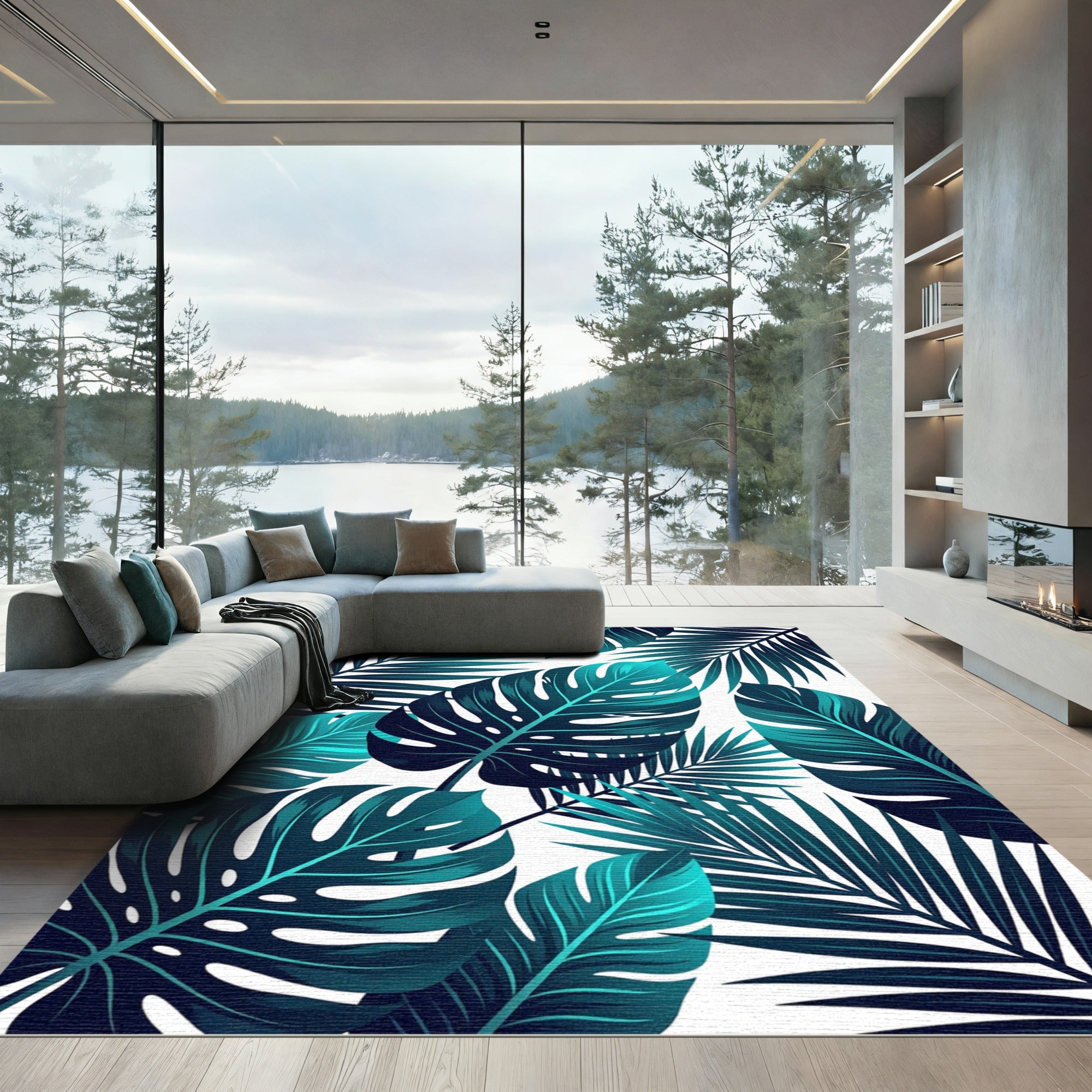 Lush Teal Tropical Monstera Palm Rug