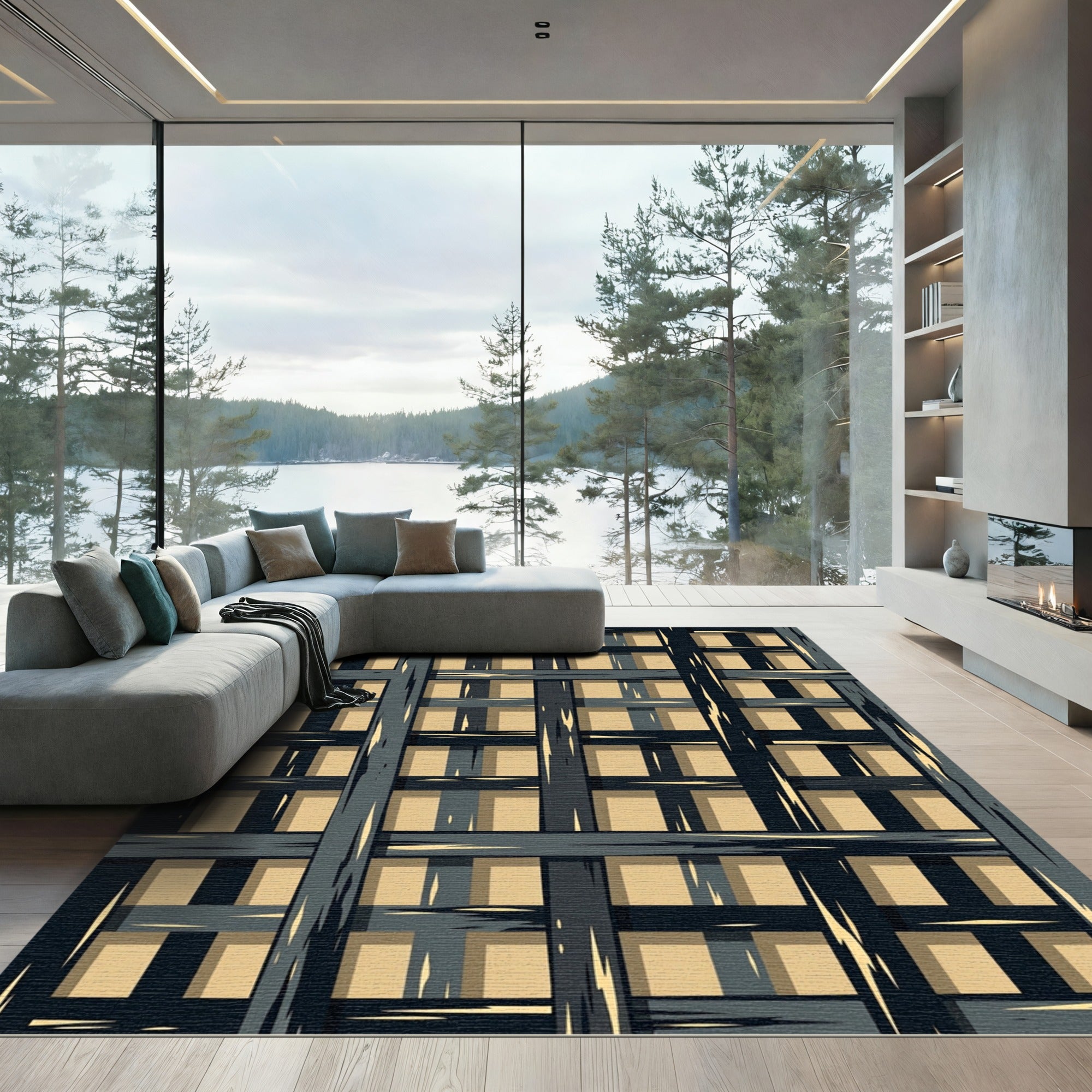Dark Grey Woven Square Grid Rug