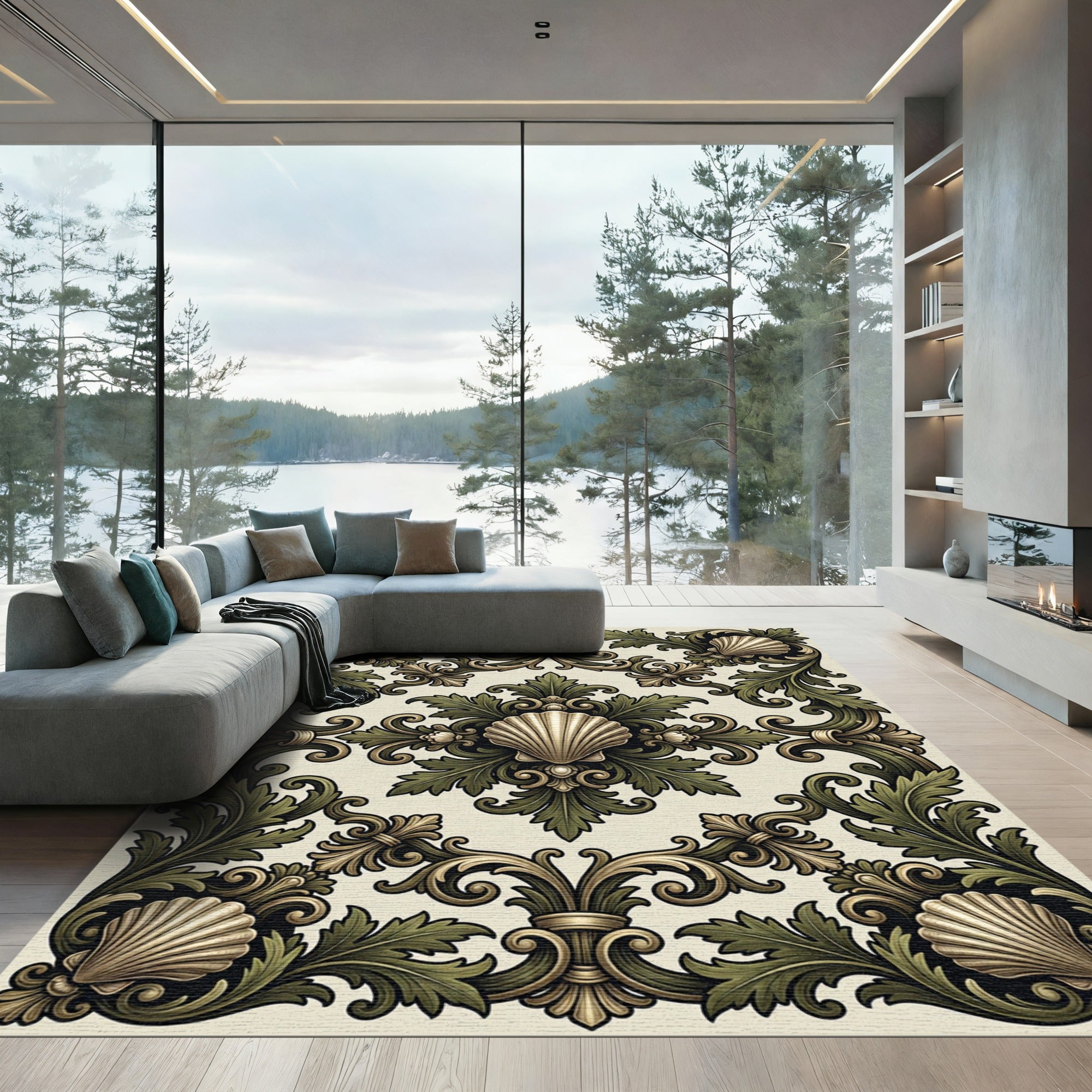 Ornate Golden Scallop Leaf Scroll Rug