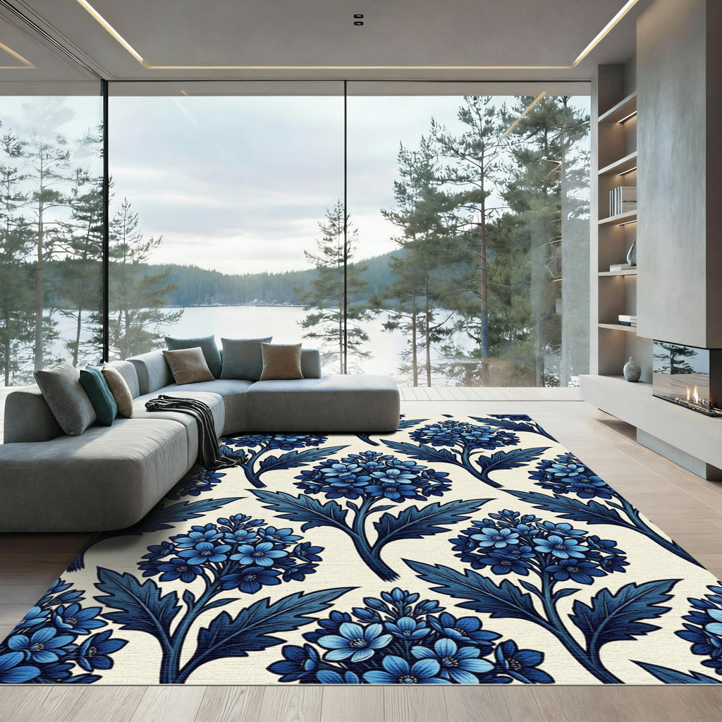 Indigo Botanical Azure Floral Bouquet Rug