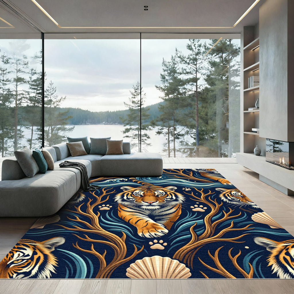 Bold Tiger Amidst Oceanic Waves Rug
