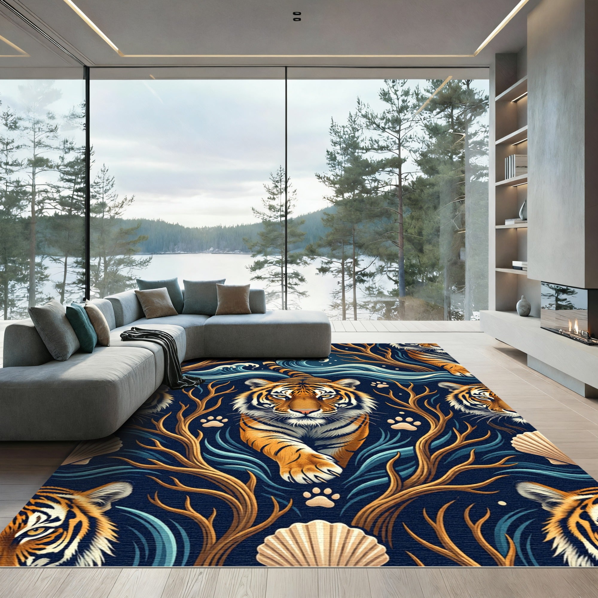 Bold Tiger Amidst Oceanic Waves Rug